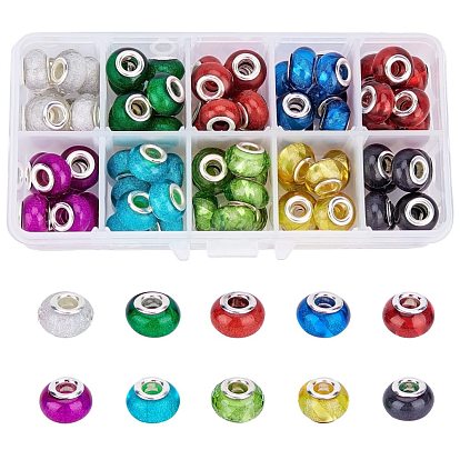 Acrylic European Beads, Large Hole Beads, with Silver Color Plated Brass Double Cores, Rondelle