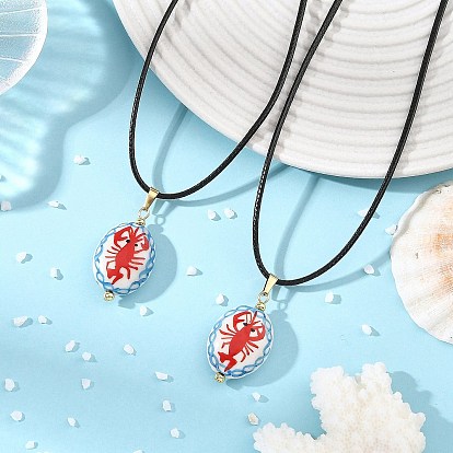 Collier ovale en porcelaine faite à la main avec pendentif homard et cordon ciré noir, or