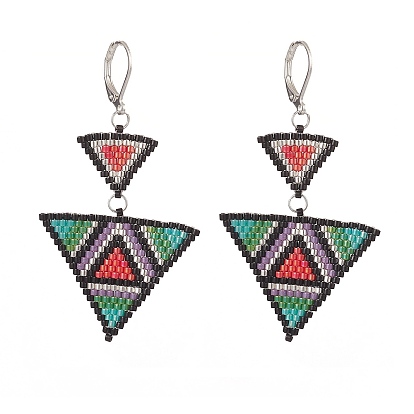 Glass Seed Beaded Triangle Dangle Leverback Earrings, 304 Stainless Steel Long Drop Earrings for Women