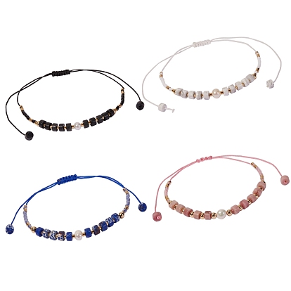 4 piezas 4 colores pulseras de cuentas trenzadas con hilo de nailon ajustable, con cuentas de piedras preciosas de columna, recursos naturales perlas, Perlas de vidrio, cuentas de latón y bolsitas de terciopelo