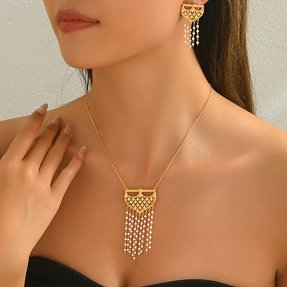 Элегантный комплект из серег и ожерелий в ближневосточном стиле с кисточками из латуни и микропаве из кубических цирконий для женщин