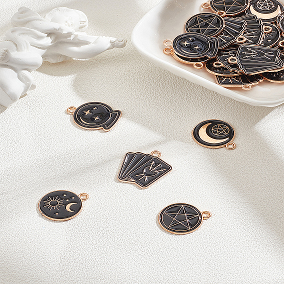 40Pcs 5 Styles Alloy Enamel Pendants, Light Gold, Cadmium Free & Lead Free, Black