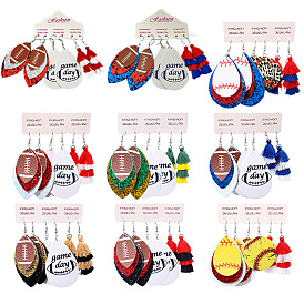 3пары серег-подвесок из искусственной кожи, сплава и хлопкового шнура