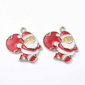 Golden Plated Alloy Enamel Pendants, for Christmas, Running Santa Claus with Bag