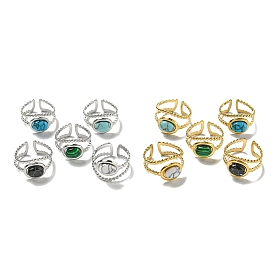 304 Stainless Steel Open Cuff Rings, Synthetic Malachite & Turquoise Oval Finger Rings for Women Men