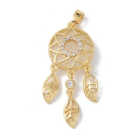 Brass Micro Pave Clear Cubic Zirconia Pendants, with Resin, Suncratcher, Flat Round with Leaf