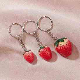 Брелок с подвеской из смолы, с железными кольцами для ключей, клубника