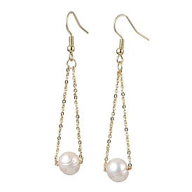 Natural Cultured Freshwater Pearl Beads with Brass Dangle Earrings, Round