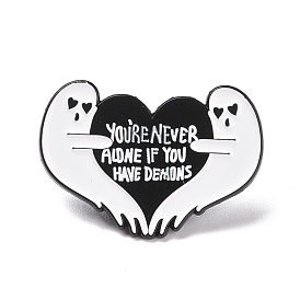 You're Never Aldne If You Have Demons Word Enamel Pin, Ghost with Heart Alloy Badge for Backpack Clothes, Electrophoresis Black