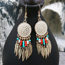 Alloy Round Disk Carved Rose Flower Earrings - Long Style, Bead Leaf Stream.