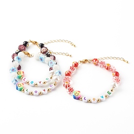 Millefiori Glass Beaded Bracelets, with Acrylic Beads, Brass Beads and Polymer Clay Flower Beads, Word Love, Golden