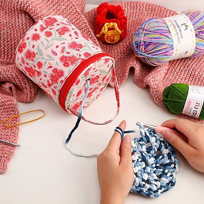 Red Spider Lily/Lemon/Rose Pattern Oxford Zipper Knitting Bucket Bag with Handle, Yarn Storage Organizer, Crochet Hooks & Knitting Needles Bag