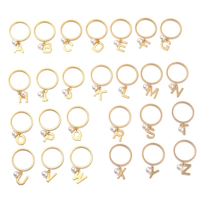 Dual-use Items, 304 Stainless Steel Finger Rings or Pendants Set, with Plastic Round Beads, Alphabet, Letter A~Z, White