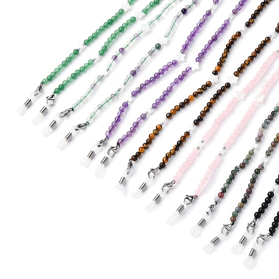 Цепочки для очков, цепочки из натуральных камней ремешок на шею для очков, с резиновыми петлями на концах, натуральной ракушкой, натуральной гематитовой бусиной-разделителем и фурнитурой из нержавеющей стали