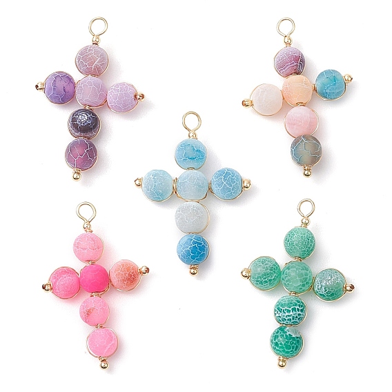 Подвески-кресты из натурального выветренного агата, с обмоткой из медной проволоки, золотые