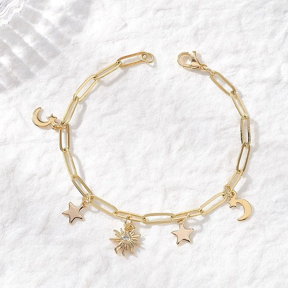 Браслеты с подвесками из латуни, кубического циркония и нержавеющей стали, латунные цепочки-скрепки для женщин, звезда & луна и солнце