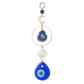 Handmade Lampwork Teardrop with Evil Eye Pendants Pendant Decorations, Natural Druzy Agate and Brass Sun Pendants for Home Decorations