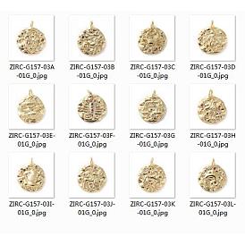 Brass Micro Pave Cubic Zirconia Pendants, with Jump Rings, Flat Round with Twelve Constellation