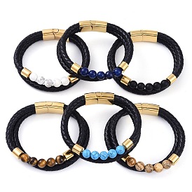 Mixed Stone Round Bead Leather Cord Multi-strand Bracelets, with Ion Plating(IP) 304 Stainless Steel Magnetic Clasps, for Men Women