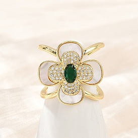 Манжеты из латуни с микро паве кубический цирконий для женщин, цветок, со стеклом и оболочкой, стойки покрытие, долговечный, без свинца и без кадмия