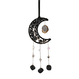Natural Agate Wind Chime, with Glass Beads and Iron Ring, Moon