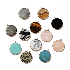 Gemstone Pendants, Flat Round Charms, with Golden Plated Brass Frame