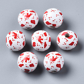 Painted Natural Wood European Beads, Large Hole Beads, Printed, Round with Cupid