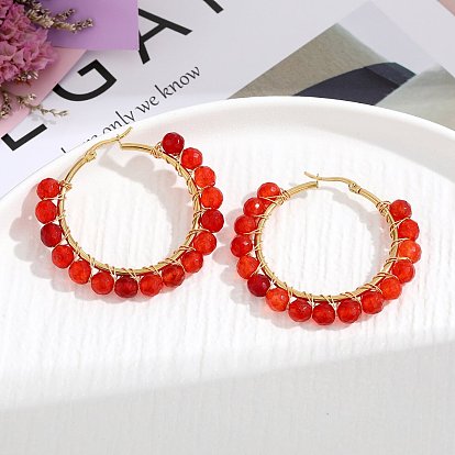 Natural Stone Stainless Steel Wire Earrings with Beads, Vintage Colorful Ear Studs for Women