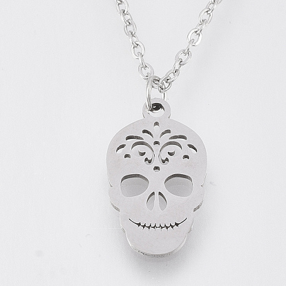 201 Stainless Steel Pendant Necklaces, with Cable Chains, Sugar Skull, For Mexico Holiday Day of the Dead