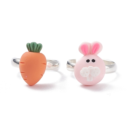 2Pcs 2 Style 3D Rabbit & Carrot Resin Adjustable Rings Set, Brass Jewelry for Women