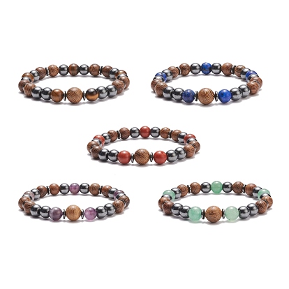 Natural Wenge Wood & Gemstone Beaded Stretch Bracelet for Women