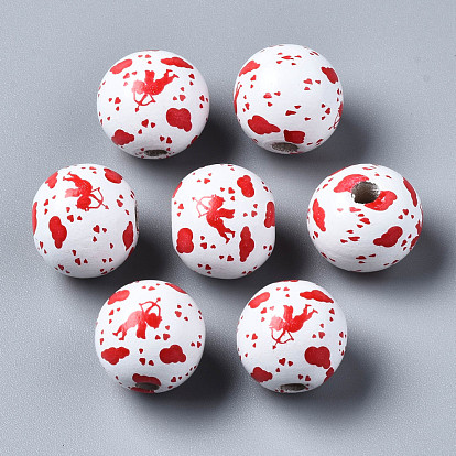 Painted Natural Wood European Beads, Large Hole Beads, Printed, Round with Cupid