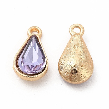Faceted Glass Rhinestone Pendants, with Golden Zinc Alloy Setting, Teardrop Charm
