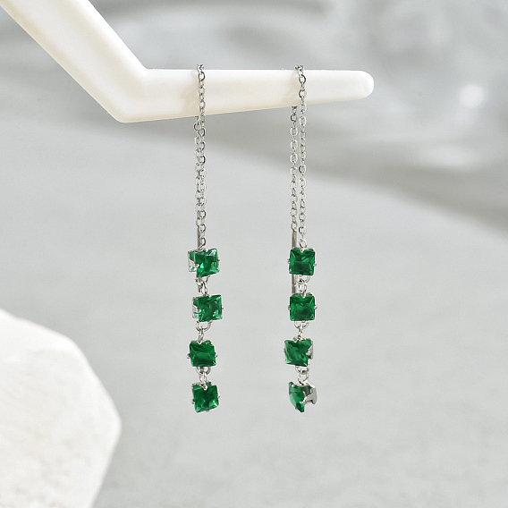 Геометрические серьги-кисточки с цирконием 201 нить из нержавеющей стали, зелёные