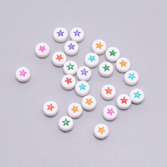 Opaque Acrylic Beads, with Enamel, Flat Round with Star