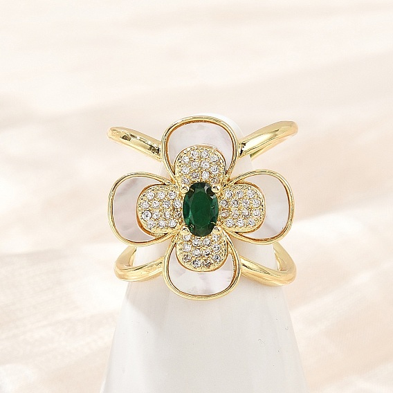 Манжеты из латуни с микро паве кубический цирконий для женщин, цветок, со стеклом и оболочкой, стойки покрытие, долговечный, без свинца и без кадмия