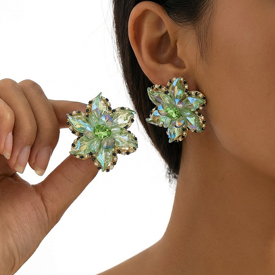 Alloy Rhinestone Stud Earrings for Women, Flower