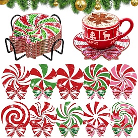 DIY 5D Diamond Painting Christmas Candy Cup Mat Kits, including Wood Cup Mat, Resin Rhinestones, Diamond Sticky Pen, Tray Plate and Glue Clay