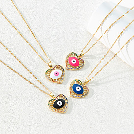 Dazzling Oil Drop Heart CZ Pendant Necklace with Turkish Evil Eye Charm