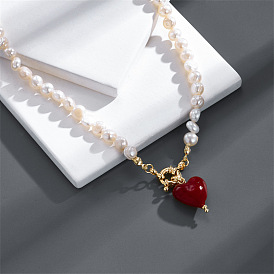 Exquisite French Style Necklace with Alien Baroque Freshwater Pearl Spring Clasp and Heart-shaped Glass Pendant for Women