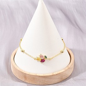 Brass Pave Colorful Cubic Zirconia Flower Link Bracelets for Women, Rack Plating, Long-Lasting Plated, Cadmium Free & Lead Free