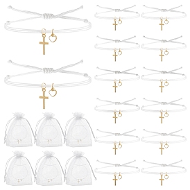 60шт. браслеты с подвесками из сплава и эмали, плетеные браслеты из нейлонового шнура для женщин, крест и сердце, с сумками из органзы