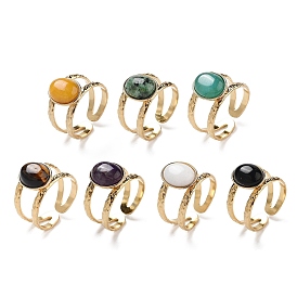 Ion Plating(IP) 304 Stainless Steel Open Cuff Rings, Oval Natural & Synthetic Gemstone Ring for Women, Real 18K Gold Plated