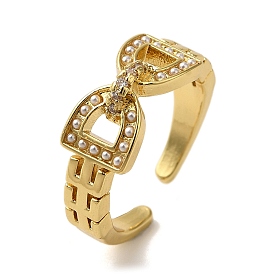 Rack Plating Arch Buckle Brass Micro Pave Clear Cubic Zirconia Open Cuff Rings, with ABS Plastic Imitation Pearl Beads, Long-Lasting Plated