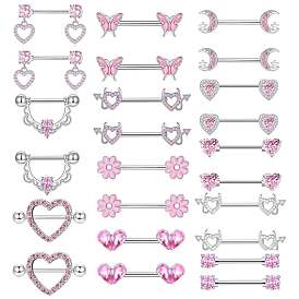 304 Кольца для сосков из нержавеющей стали с розовым кубическим цирконием, цвет нержавеющей стали