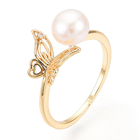 Natural Pearl Open Cuff  Ring Micro Pave Clear Cubic Zirconia, Brass Finger Rings, Butterfly