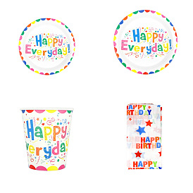 Juegos de vajilla desechables de cumpleaños, incluyendo platos y vasos de papel, manteles de plastico pe, colorido
