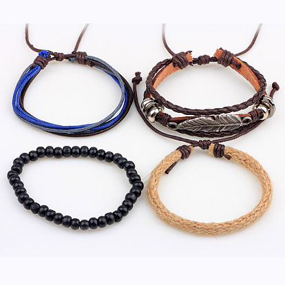 Multi-strand Bracelets, Stackable Bracelets, with Imitation Leather, Waxed Cotton Cord, Wooden Bead and Hemp Rope, Leaf, Antique Silver