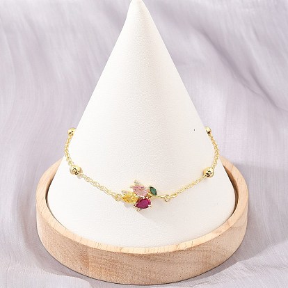 Brass Pave Colorful Cubic Zirconia Flower Link Bracelets for Women, Rack Plating, Long-Lasting Plated, Cadmium Free & Lead Free