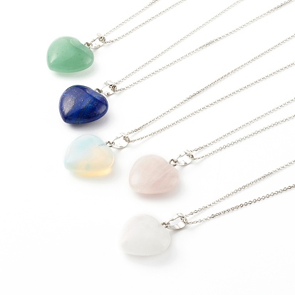 Mixed Gemstone Heart Pendant Necklaces, with Brass Cable Chains, Platinum
